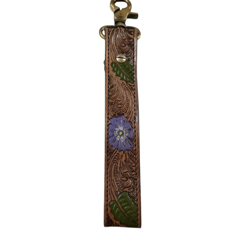 Handcrafted Floral Tooled Leather Keychain